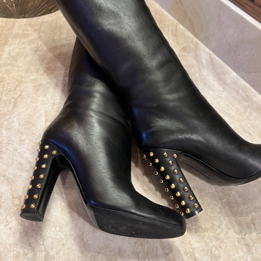 GUCCI Rodano black leather gold studded heel boots - Picture 2 of 14
